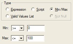 Part of the Column Check Constraint Page with Min/Max selected.