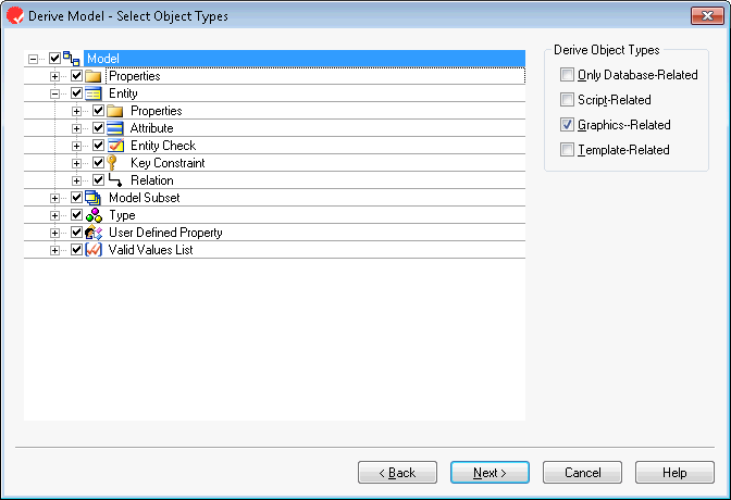 Select the type of objects that you would like to include in the derived model.