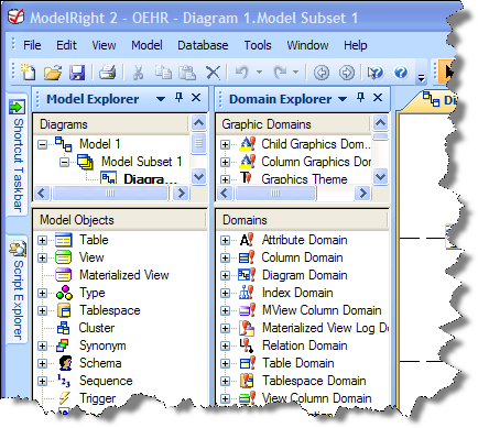 Illustrates a different docking configuration in which the Model, Domain, and Script Explorers are docked separately.  And the Shortcut Taskbar and Script Explorer are Auto-Hidden.