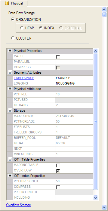 The Table Physical Property Page when Index is the selected ORGANIZATION value.