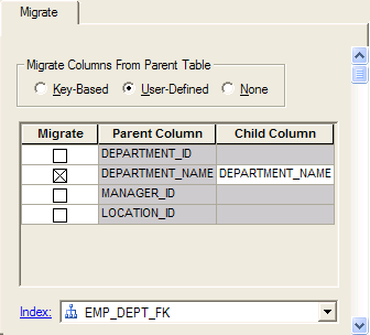 The Migrate Property Page of a Relation when the User-Defined migration option is selection