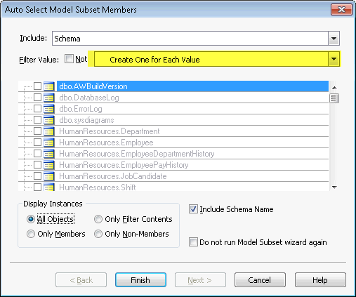 or you can select the special value "Create One for Each Value" to have ModelRight create a Model Subset for each Schema.