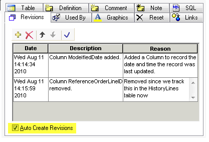 An example of the Revision page for a Table
