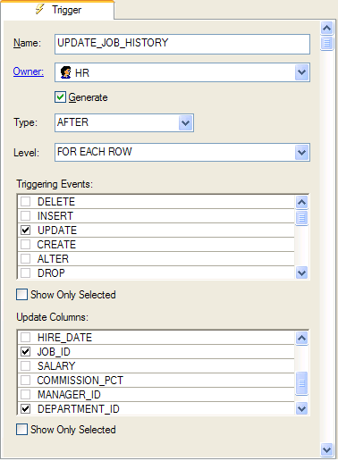 A Table-level Trigger Property Page with the Update Columns control