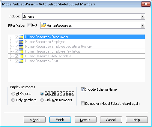 With the Automatic option, you can specify a Filter condition.  In this example, we specified that we only want to display Tables that are in the HumanResources schema.