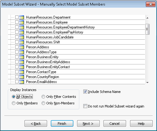 The Manual option.  Just check the ones you want in your Model Subset's Diagram(s).  The controls below the list let you control what is displayed in the selection list.